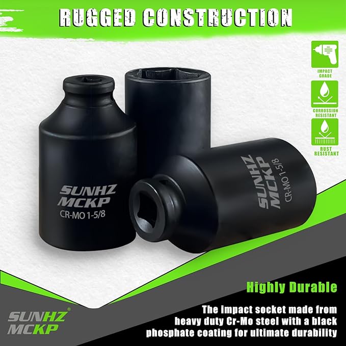 SUNHZMCKP 1/2 Inch Drive Impact Socket, SAE 1-5/8 In Deep 6 Point Socket, CR-MO, Axle Nut Impact Grade Socket for Easy Removal