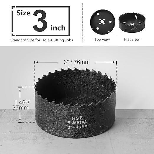 3 Inch Hole Saw with 3/8" Triangle Shank Quick Change Arbor, JTemgle Bi-Metal Hole Saw Heavy Duty Hole Cutting Tool for Cornhole Boards, Recessed Lights, Wood, Plastic, Drywall & Soft Metal