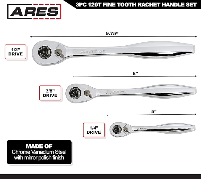 ARES 42067 ??120 Tooth Ratchet Set ??1/4-Inch, 3/8-Inch, and 1/2-Inch Drive - 3 Degree Swing Arc ??Reversible Ratcheting Mechanism - Ergonomic Handle and Professional Gear Structure