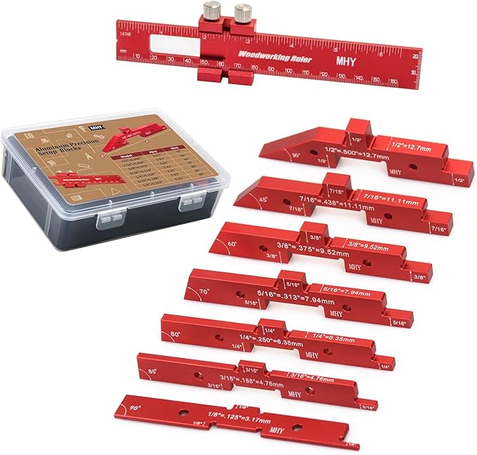 MHY Precision Router Table Setup Blocks - 8PCs Aircraft Aluminum Height/Depth/Angle Gauge Set for Woodworking & Table Saw Accessories with Laser-Marked and Durable Storage Case