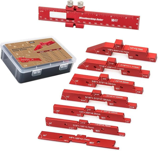 MHY Precision Router Table Setup Blocks - 8PCs Aircraft Aluminum Height/Depth/Angle Gauge Set for Woodworking & Table Saw Accessories with Laser-Marked and Durable Storage Case