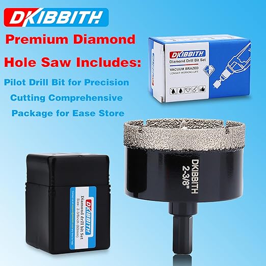 DKIBBITH 2-3/8" Diamond Hole-Saw Bits with Pilot Drill Bit - 2-3/8" Diamond Tipped Tile Hole Saws with Guiding Bit for Porcelain Tile Ceramic Pottery Granite Stone Glass Bottles 60mm.