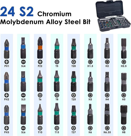 24 in 1 Magnetic Ratchet Screwdriver Set, DIY Magnetic Screwdriver Set with Detachable Handle&Multi-Bit, Portable Screwdriver Kit Precision Repair Tool for Furniture, Computer, Bicycle, Electronics