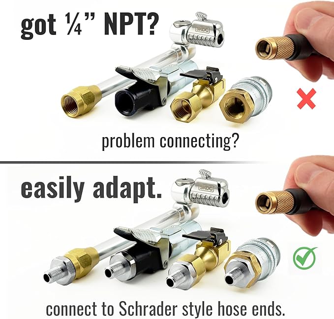 SK횜G Self-Sealing Tire Inflator Adapter (2 Pack) ??1/4??NPT Male to Schrader Valve, Leak-Free O-Ring, No Tape Needed
