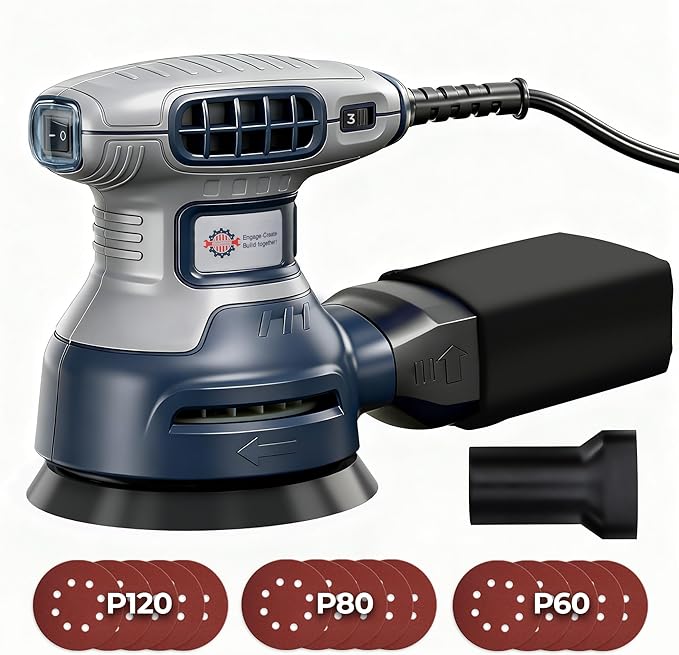 5-Inch Random Orbital Sander, Toolok 3Amp Electric Palm Sander with 6 Variable Speeds 6000-13000 OPM, Dust Bag & Vacuum Adapter, 15 Sandpapers for Woodworking, Furniture Refinishing & Paint Removal