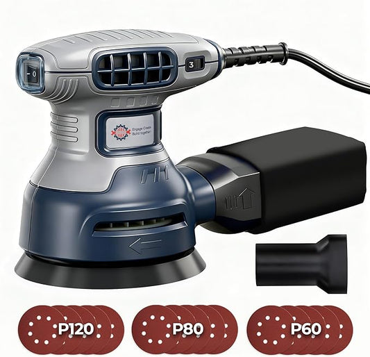 5-Inch Random Orbital Sander, Toolok 3Amp Electric Palm Sander with 6 Variable Speeds 6000-13000 OPM, Dust Bag & Vacuum Adapter, 15 Sandpapers for Woodworking, Furniture Refinishing & Paint Removal