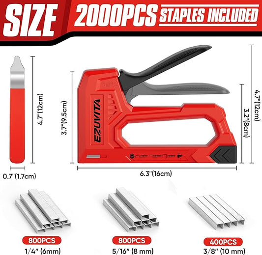 EZUVITA Light Duty Staple Gun for Wood, Red Upholstery Staple Gun Kit with 2000pcs JT21 Staples 1/4, 5/16, 3/8 inch and Staple Remover, Stapler Gun for Crafts, DIY, Classroom, Decoration