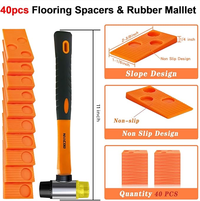 NAACOO Laminate/Vinyl Flooring Tools, Heavy Tapping Block for Vinyl Plank Floor, Heavy Pull Bar, 10?쒬ontour Gauge, 40pc Flooring Spacers, Rubber Mallet - 5 in 1 Floor Installation Kit