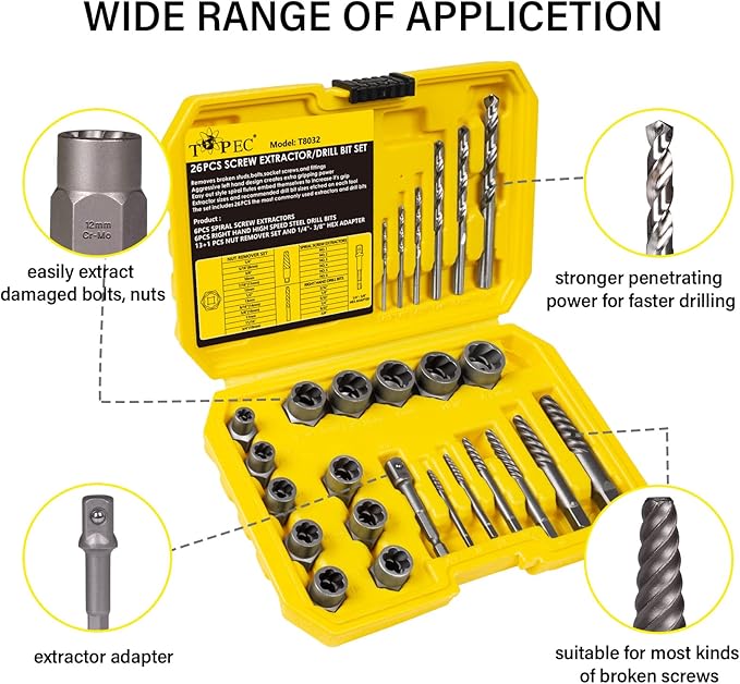 Topec 26Pcs Screw and Bolt Extractor Set, Easy Out Bolt Extractor Socket Set with Drill Bits, Stripped Screw Removal Tool for Broken, Damaged, Rounded Nuts