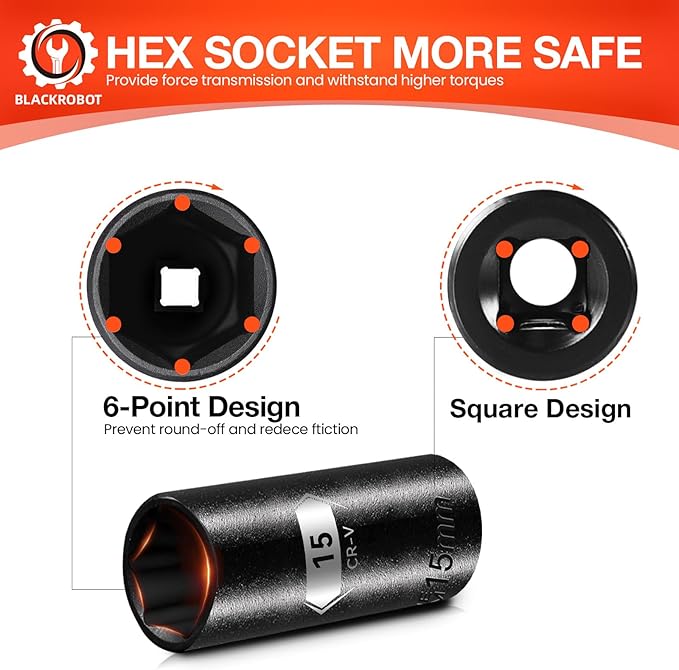 BLACKROBOT 1/2 Inch Drive 6-Point Deep Socket, 15mm Deep Impact Socket, CR-V Steel