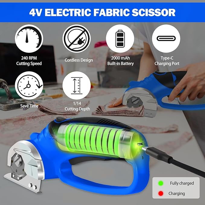 Cordless Electric Scissors, 4V Box Cutter & Cardboard Cutter with 2 Titanium Blades - Rotary Cutter with LED Light for Fabric, Leather, Carpet, Plastic, Crafting + Storage Case (Royal Blue)