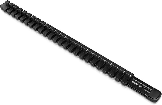 Olsa Tools Socket Organizer - 1/4-Inch Drive Socket Holder Rail - Black Aluminum Track Stores 24 Chrome or Impact Sockets - Professional Grade Metric or SAE Socket Organizer - Part: 1020
