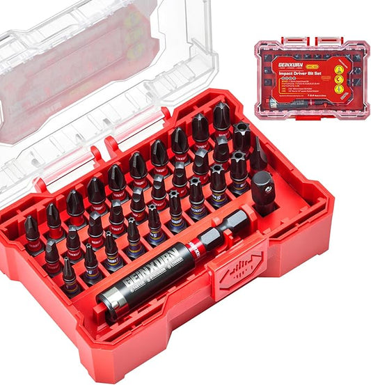 32Pieces Impact Screwdriver Bits Set, S2 Steel Magnetic Phillips/Slotted/Square/Security Torx Muliti Insert Bits Tips Set with Impact Bit Holder and 1/4?쒾ocket Adapter(Red Storage Box Case)