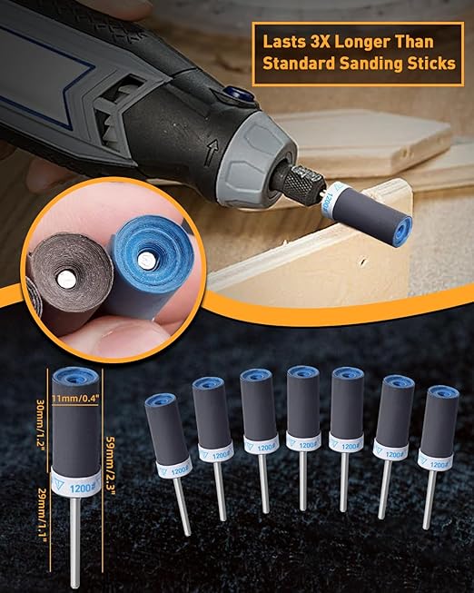 15Pcs 1200 Grit Sanding Drums Sandpaper Sticks Set for Dremel Rotary Tool with 1/8" Shank, Rotary Tool Accessories Suitable for Metal Rust Removal/Jade Polishing/Stone Grinding (1200 Grit)