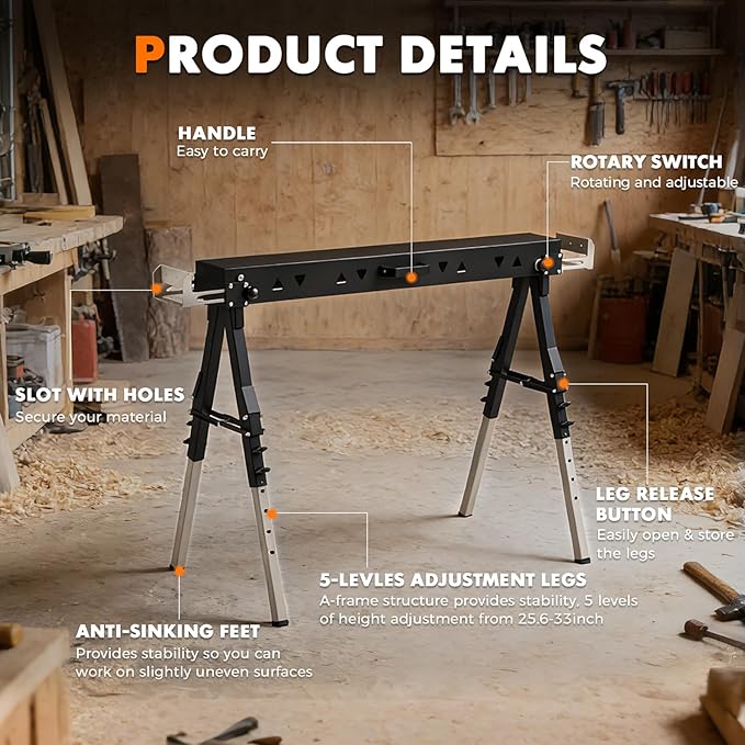 2 Pack Heavy Duty Folding Sawhorse Pair, Adjustable Height & Legs, Portable Metal Saw Horses with 2600 LBS Load Capacity, Portable Folding and Fast Open Legs and Easy Grip Handle for Woodworking.