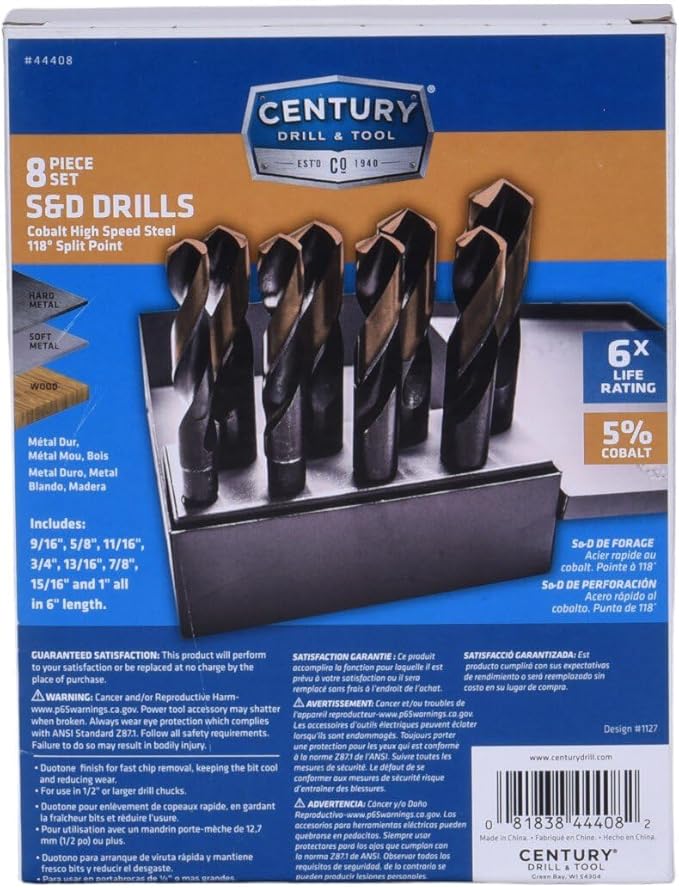Century Drill & Tool, 44408, 8 PC Set,Silver & Deming,High Speed Drills, Cobalt Steel