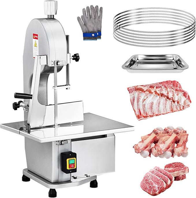 ROVSUN 1500W Electric Bone Saw Machine, 0.16-7.9Inch Cutting Thickness Frozen Meat Cutter with 6 Saw Blades, Commercial Bandsaw Machine Stainless Steel 19.4 x 15.2 In Table for Chicken Fish Beef