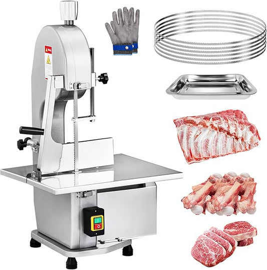 ROVSUN 1500W Electric Bone Saw Machine, 0.16-7.9Inch Cutting Thickness Frozen Meat Cutter with 6 Saw Blades, Commercial Bandsaw Machine Stainless Steel 19.4 x 15.2 In Table for Chicken Fish Beef