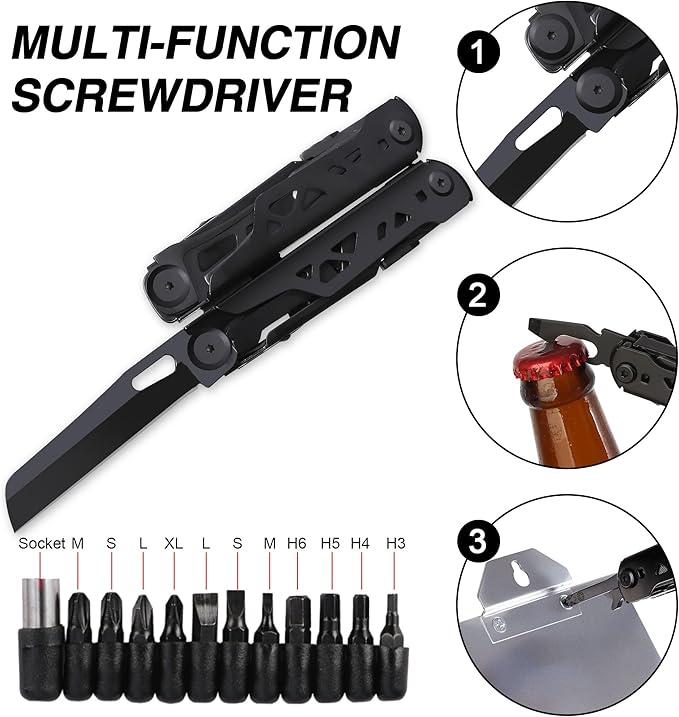 28-in-1 Multitool Pliers, Stainless Steel Multi Tool with Pocket Clip, Self-Locking, Replaceable Wire Cutters, and Precision Screwdriver, Foldable EDC Multi-Tool for Outdoor, Repair, Camping, Hiking