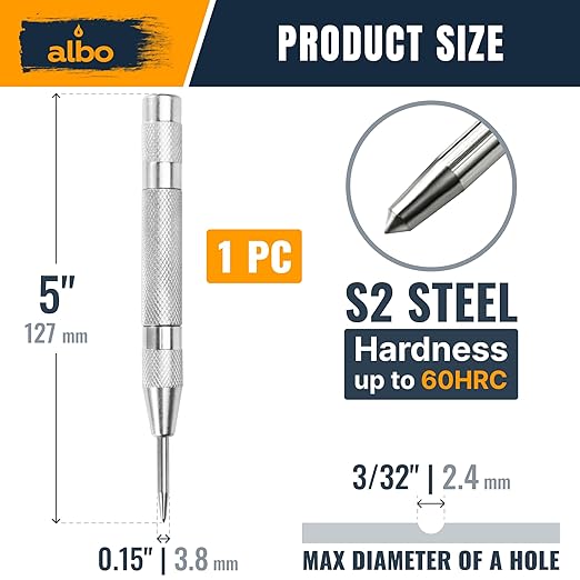 ALBO Spring Loaded Center Punch Tool ??5 Inch Automatic Punch for Metal, Wood, Steel ??Heavy Duty Drill Punch ??Durable Galvanized Coating, Precision Tip for DIY, Workshop & Professional Use (1pc)