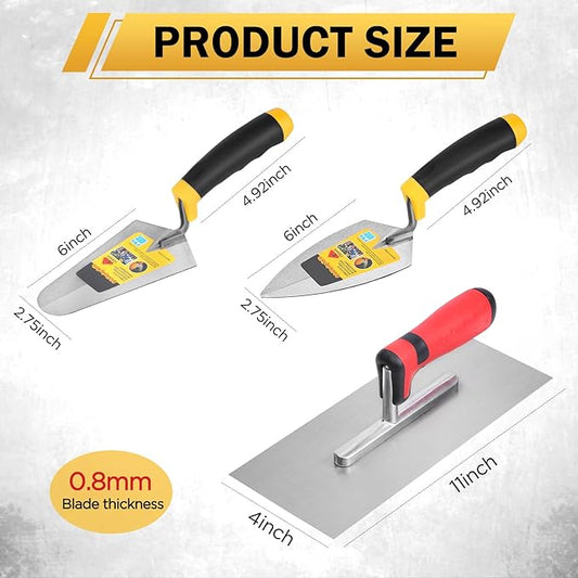 3 Pcs Masonry Tool Set, 6" Pointing Trowel & 11"x4" Carbon Steel Flat Finishing Trowel with Soft Grip Handles Concrete Drywall Tile and Plastering Tools for Contractors DIY