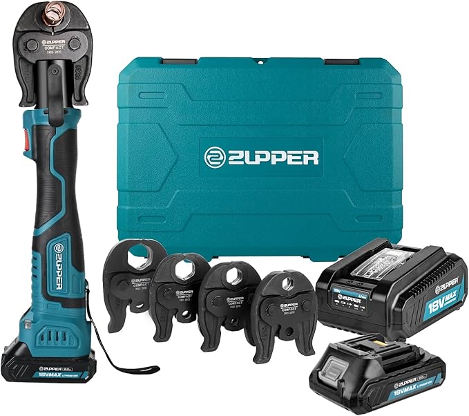 ZUPPER Compact Pro Press Tool kit with 4 Copper Pro Press Jaws 1/2" to 1-1/4", Brushless Motor, 2pcs Battery, Fast Charger & Carrying Case