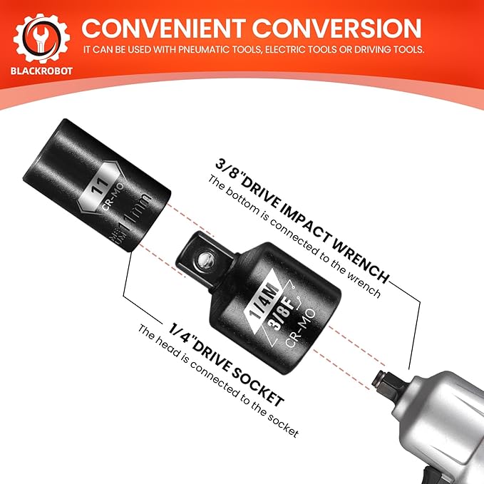 BLACKROBOT 2 Piece 3/8?쒯 To 1/4?쒶 Impact Socket Adapter Set,SAE Drive Cr-Mo Steel Exceeds ANSI Standards,Square Drive Reducer for Impact Driver Wrench