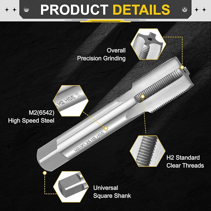 uxcell Hand Plug Tap M24 x 1.25 H2 Metric Thread Plug Style Taps Straight Flute Screw Tapping Threading Tool High Speed Steel HSS6542