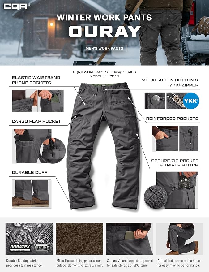 CQR Men's Winter Tactical Cargo Pants, Thermal Fleece Lined Outdoor Snow Ski Hiking Work
