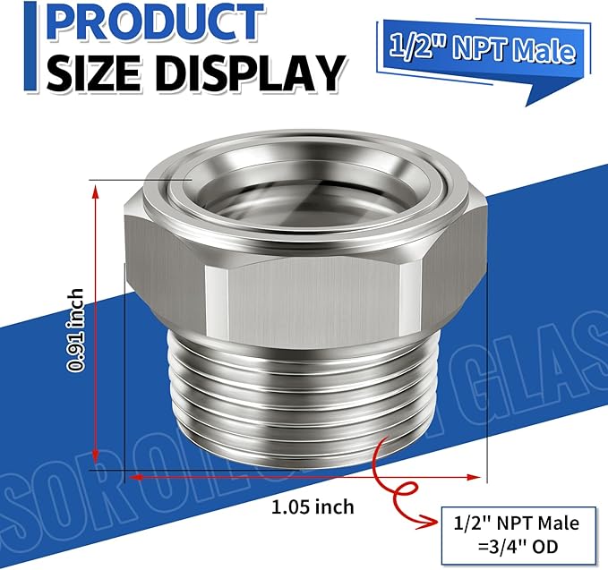 Compressor Oil Sight Glass 1/2 NPT Male Hex Head Stainless Steel Oil Sight Glass Liquid Level Gauge Oil Indicator Window For Air Compressor Gearbox Hydraulic Tank Sight Glass (1/2'' NPT Male)