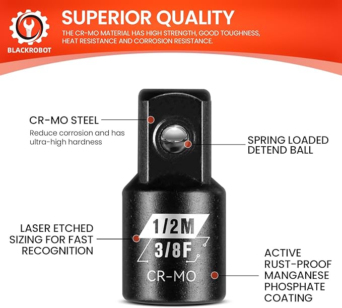 BLACKROBOT 2 Piece 3/8?쒯 To 1/2?쒶 Impact Socket Adapter Set,SAE Drive Cr-Mo Steel Exceeds ANSI Standards,Square Drive Reducer for Impact Driver Wrench