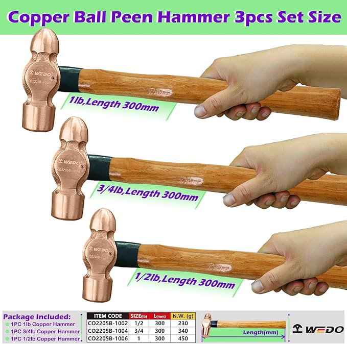 WEDO 3PCS Copper Ball Peen Hammer Set, 8 oz + 12 oz + 16 oz(1/2lb+3/4LB+1lb),Ball Pein Hammer with Wooden Handle, Die-Forged, Corrosion Resistant, DIN Standard