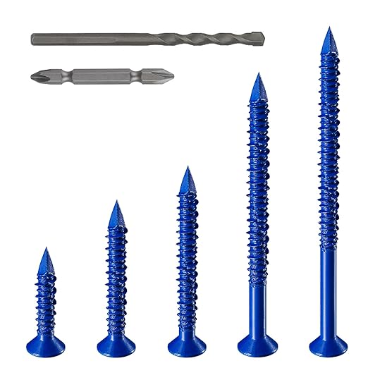 49 PCS) 1/4"" Concrete Screw Anchor Kit Blue Flat Head for Anchoring to Masonry, Block or Brick Stucco