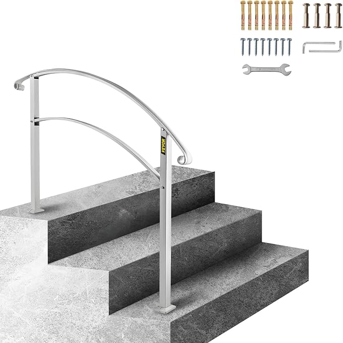 VEVOR Handrail for Outdoor Steps, 2-3 Steps White Arch#1, Adjustable Metal Staircase Railing, Thickened Stair Rails for Porch, Deck