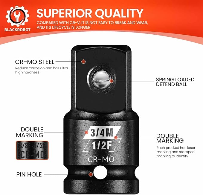 BLACKROBOT 1/2?쒯 To 3/4?쒶 Impact Socket Adapter, Cr-Mo Steel Exceeds ANSI Standards, Square Drive Reducer for Impact Driver Wrench