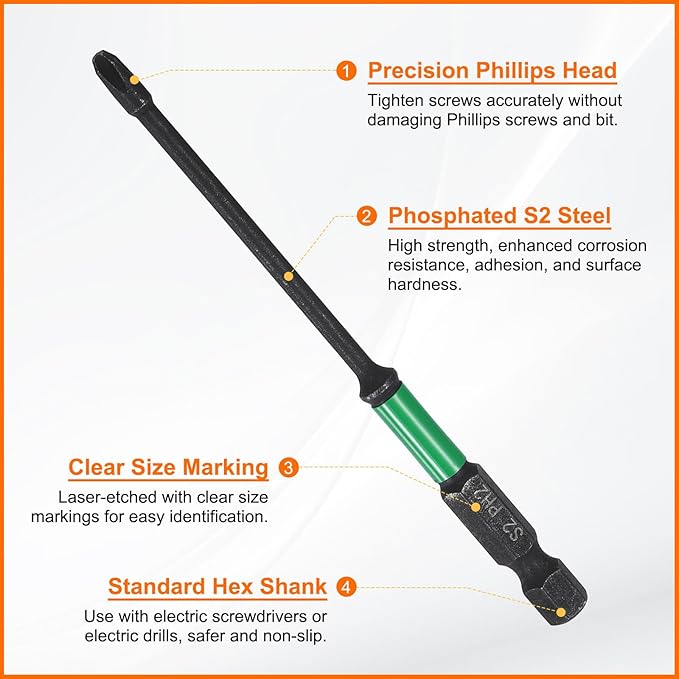 HARFINGTON 3pcs #2 Impact Phillips Screwdriver Bit PH2 1/4" Hex Shank 4" (100mm) Long 0.12" Rod Magnetic Cross Head Drill Bits S2 Steel Industrial Screw Driver for Impact Power Drivers