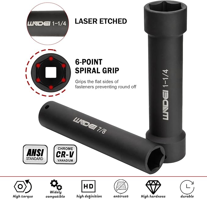 LLNDEI 1/2 Inch Drive Extended Length Impact Socket Set 6PCS Extra Deep Socket Set Include Sizes 3/4", 7/8", 15/16", 1-1/16", 1-1/8", 1-1/4" for High Torque Use