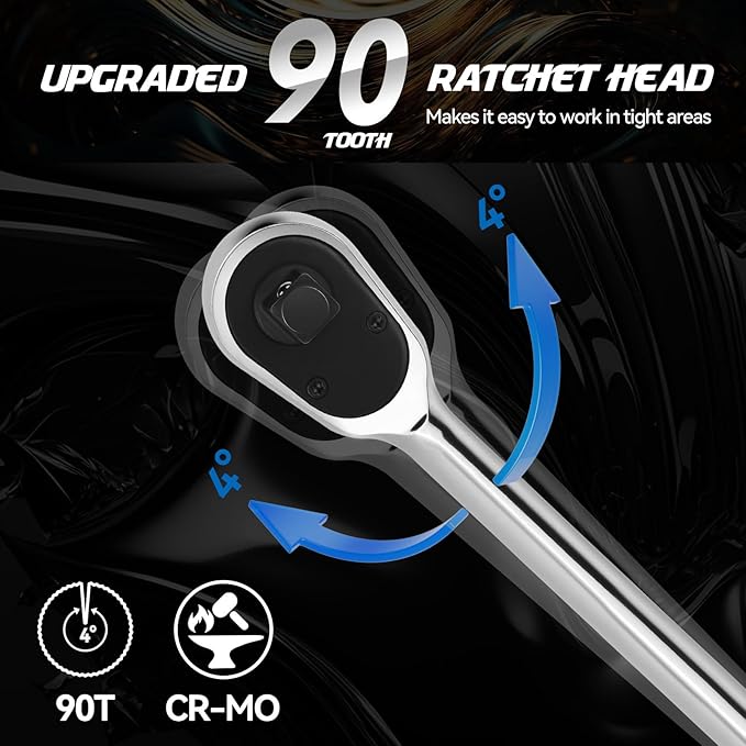 DISEN 3PCS Long Drive Ratchet Handle,1/2'',1/4'',3/8'' 90 Tooth Ratchet Wrench with Dust Proof Teardrop Enclosed Head, Reversible, CR-V Steel Made, CR-MO Head, Full Polished, Gifts for Men