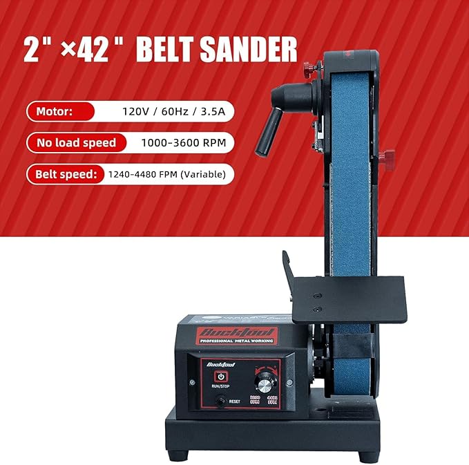 Bucktool Variable Speed 2횞42 Inch Belt Sander 3.5A DC Motor with Control Panel, Quick Belt Release, Adjustable Foot, Horizontal or Wall-Mountable Bench Machine for Knife Making and Metalworking