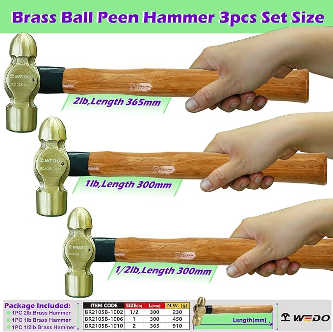 WEDO 3PCS Brass Ball Peen Hammer Set, 8 oz + 16 oz + 24 oz(1/2lb+1lb+2lb), Brass Ball Pein Hammer Set with Fiberglass Handle, Die-Forged, Corrosion Resistant, DIN Standard