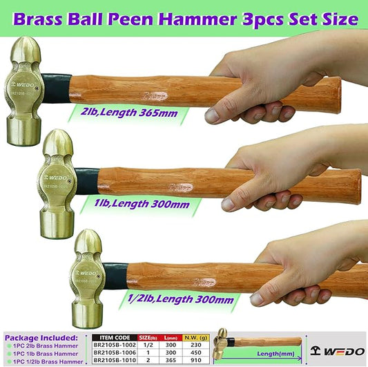 WEDO 3PCS Brass Ball Peen Hammer Set, 8 oz + 16 oz + 24 oz(1/2lb+1lb+2lb), Brass Ball Pein Hammer Set with Fiberglass Handle, Die-Forged, Corrosion Resistant, DIN Standard