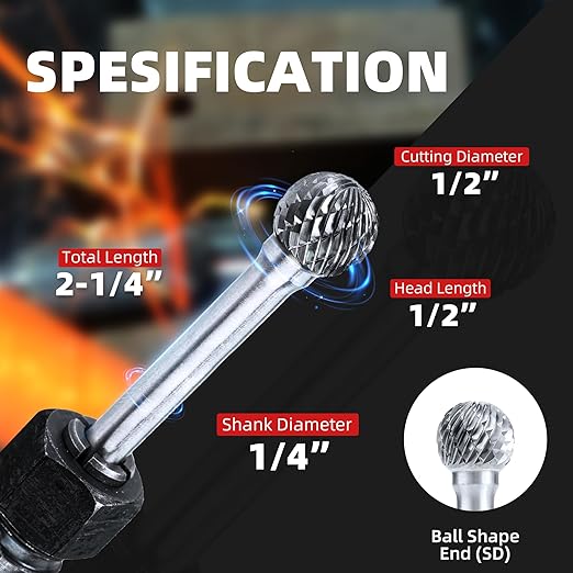 EZARC Tungsten Carbide Rotary Burr Bit, SD-5 Ball Double Cut Carbide Burr 1/4" Shank Die Grinder Cutting Burrs Bit for Metal Working & Sturdy Storage Case