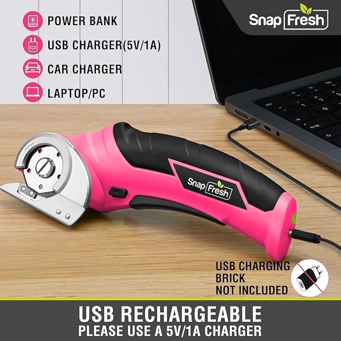 SnapFresh Cordless Electric Scissors- 4V Mini Cardboard Cutter for Boxes, Carpet, Paper ??Rotary Cutter for DIY Projects, Safety Box Cutter with Battery & Type-C Cable(Hot Pink)