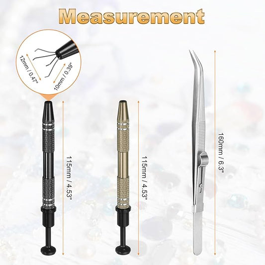 HARFINGTON 3pcs Diamond Tweezer Holder Pick Up Tool Set Stainless Steel 4 Claw Holder Elbow Head Jewelry Locking Tweezer for Tiny Objects Electronic Components, Silver/Brown/Black