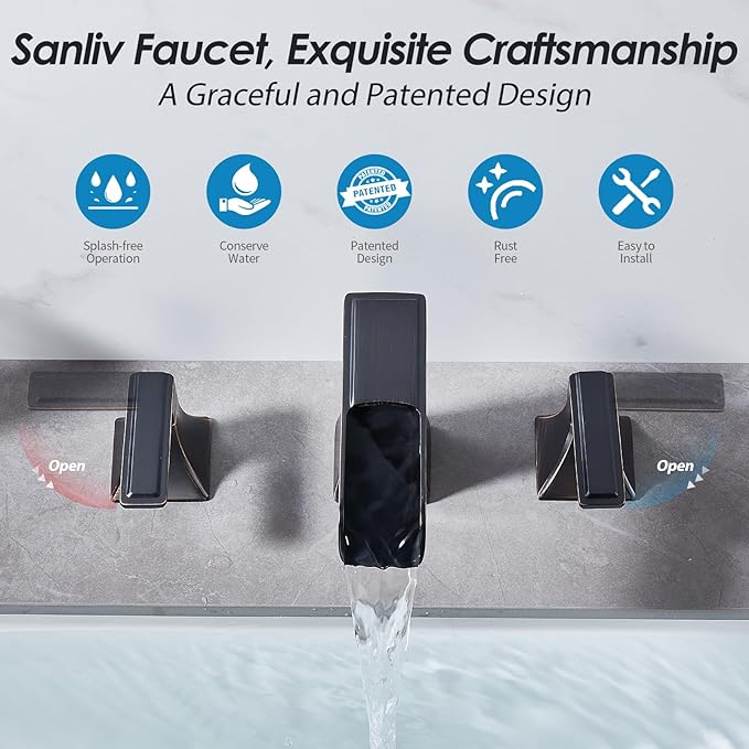 Oil Rubbed Bronze Bathroom Faucet, Sanliv 2-Handle Widespread Bathroom Faucet for 3-Hole Sinks 4-16 inch, Bronze Waterfall Vanity Faucet with Pop-Up Drain (ORB)
