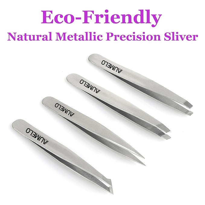 Tweezers Set 4-Piece Professional Stainless Steel Tweezers Gift with Travel Case by Aumelo - Best Precision Eyebrow and Splinter Ingrown Hair Removal Tweezer Tip,No Colored & Chemical Free