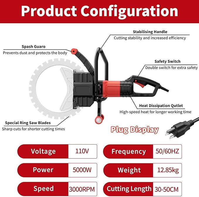 Ring Concrete Cutter Saw, Concrete Saw 20 Inch, 110V Pure Copper Motor with an Intelligent Water Pump for Reinforced Concrete, Ceramic Tiles, Red Brick Walls(110V,Depth of Cut 19.68nch)