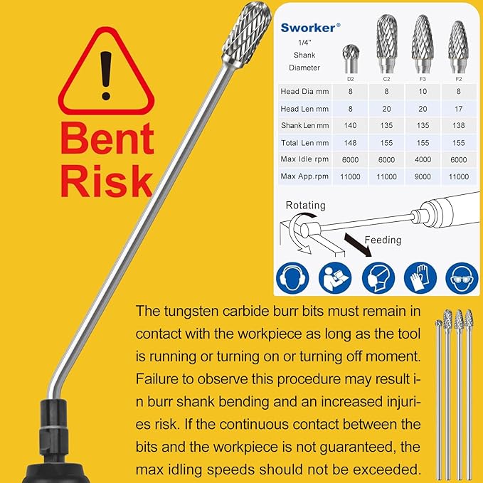 4Pcs Long Carbide Burr Set 1/4" Shank Total L 6.1" Die Grinder Bits Rotary Rasp Attachment Cut Port Grind Metal Cast Iron Steel Aluminum Cylinder Head Engine Intake Exhaust Manifold Tight Area