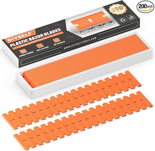 DIYSELF Plastic Razor Blades | 200-Piece Blade Replacement for Plastic Razor Scraper | Plastic Blades for Glass, Metal, Floors, Marble and Tile surfaces | Adhesive Remover