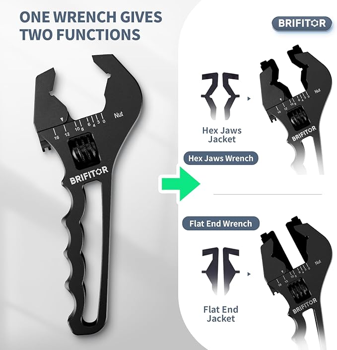 BRIFITOR Non Marring AN Fittings Wrench Adjustable Aluminum AN Wrench For 3AN-16AN Hose End Fittings With Replaceable Hex Type & Flat Type Jaw Protectors, Black.